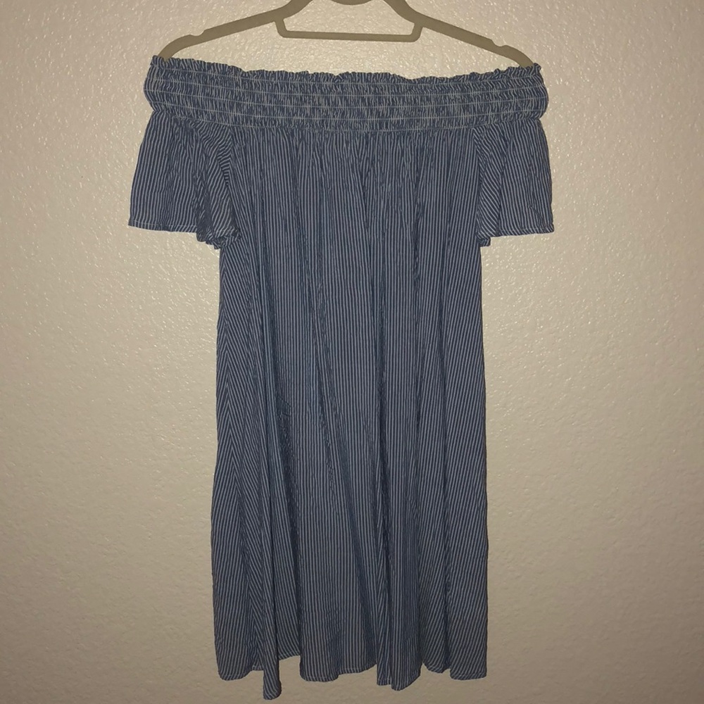 off the shoulder blue and white striped dress